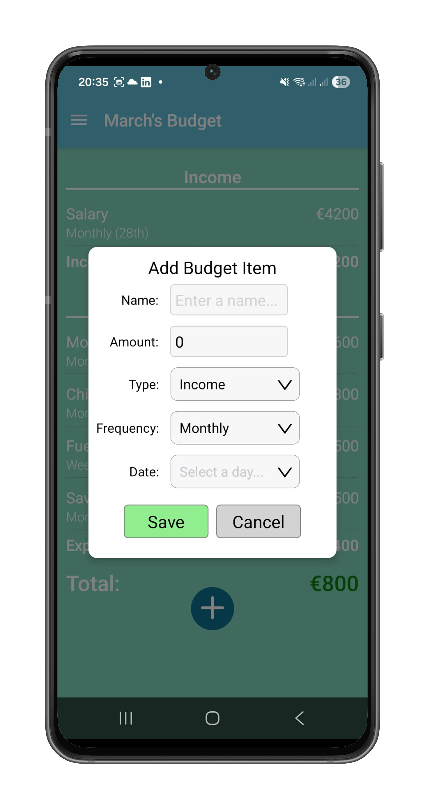 Form to add a new recurring budget item with interval options