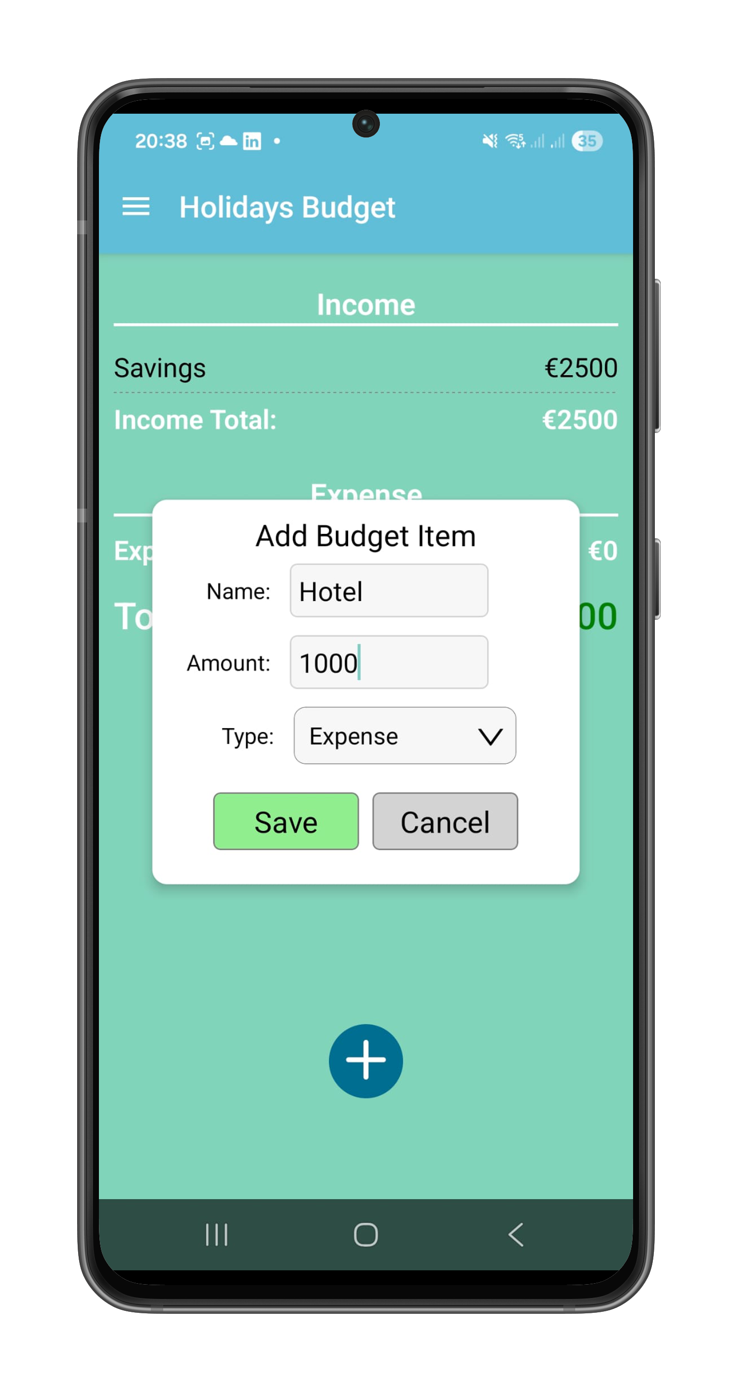 Form to add a new item to an extra budget
