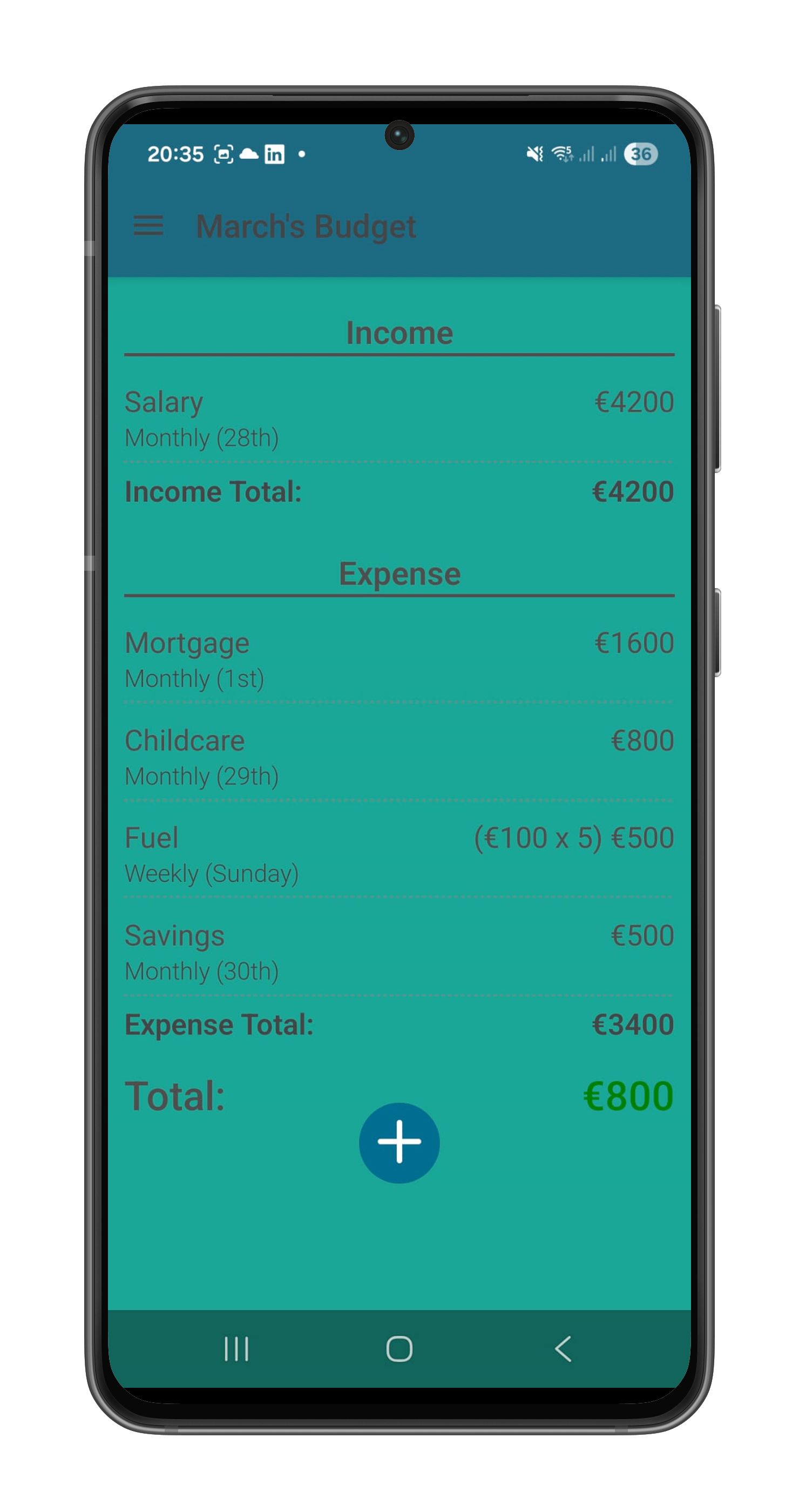 Budget screen in dark mode showing monthly income, expenses, and total balance