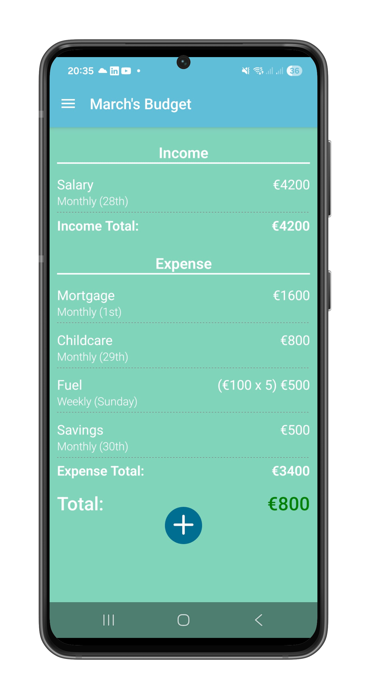 Budget screen in light mode showing monthly income, expenses, and total balance