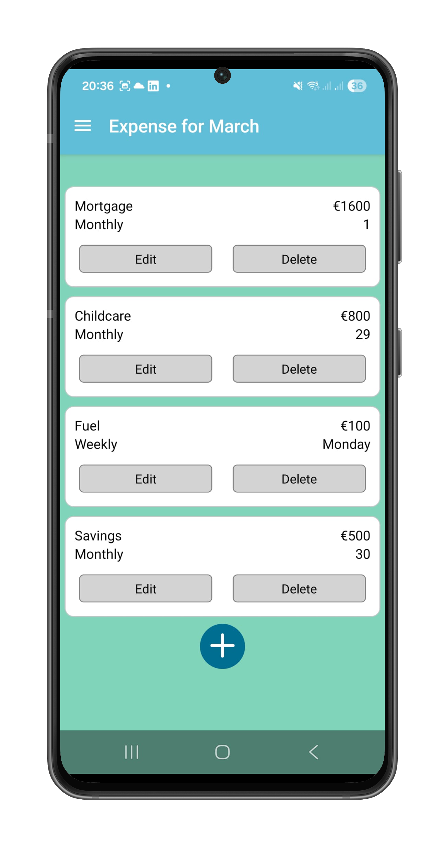 Expense items list showing recurring and one-time expenses for the month