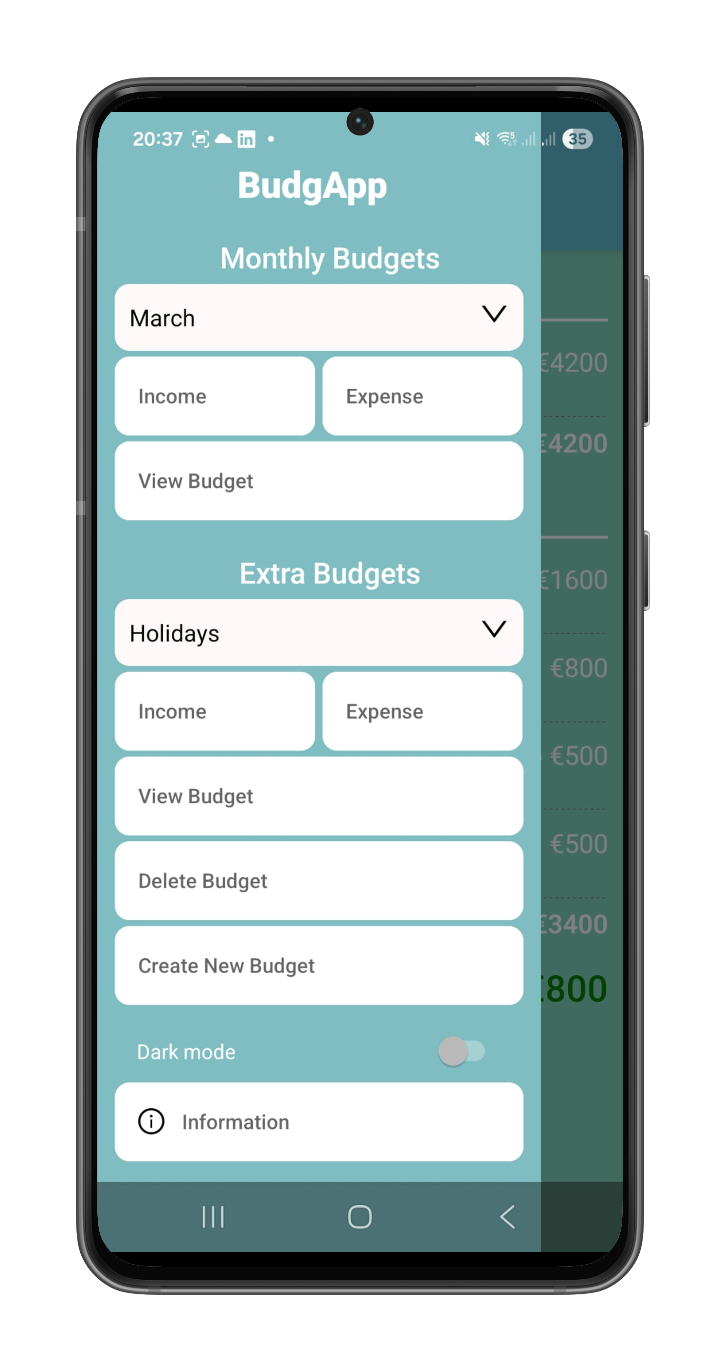 Drawer menu showing all available navigation options